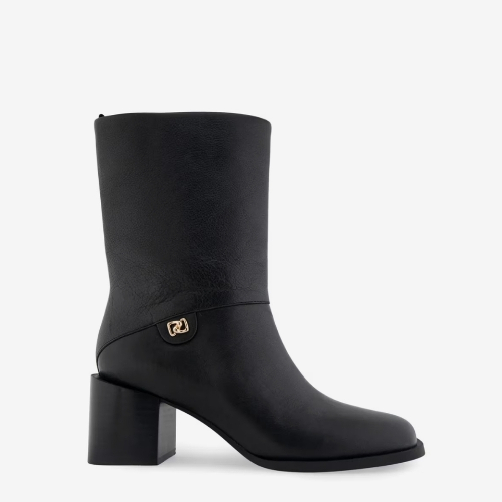 AEROSOLES ORO BOOTIE BLACK LEATHER BLOCK HEEL GOLD ACCENT NIB 7.5